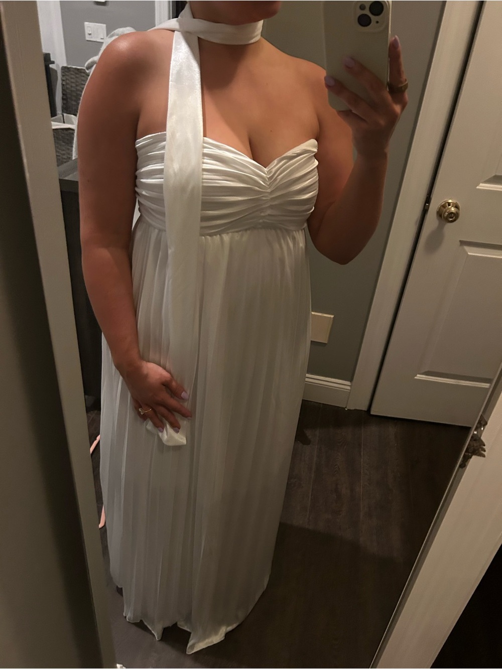 White formal strapless dress maxi long dress Y2K sleeveless flowy neck scarf